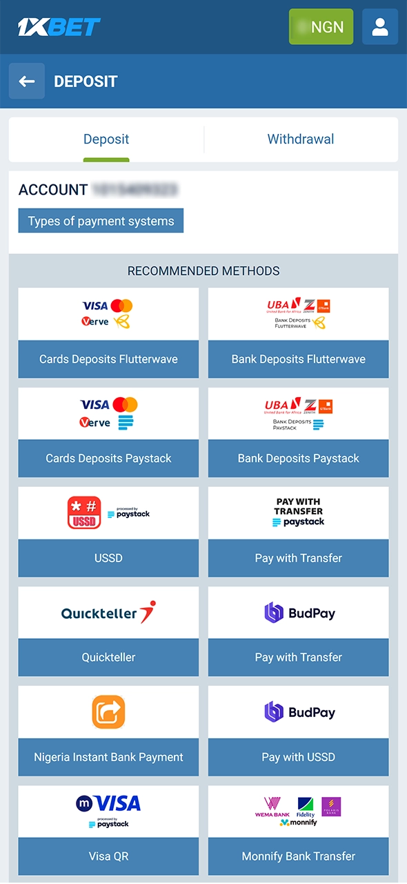 Select your preferred payment method at the 1xBet.