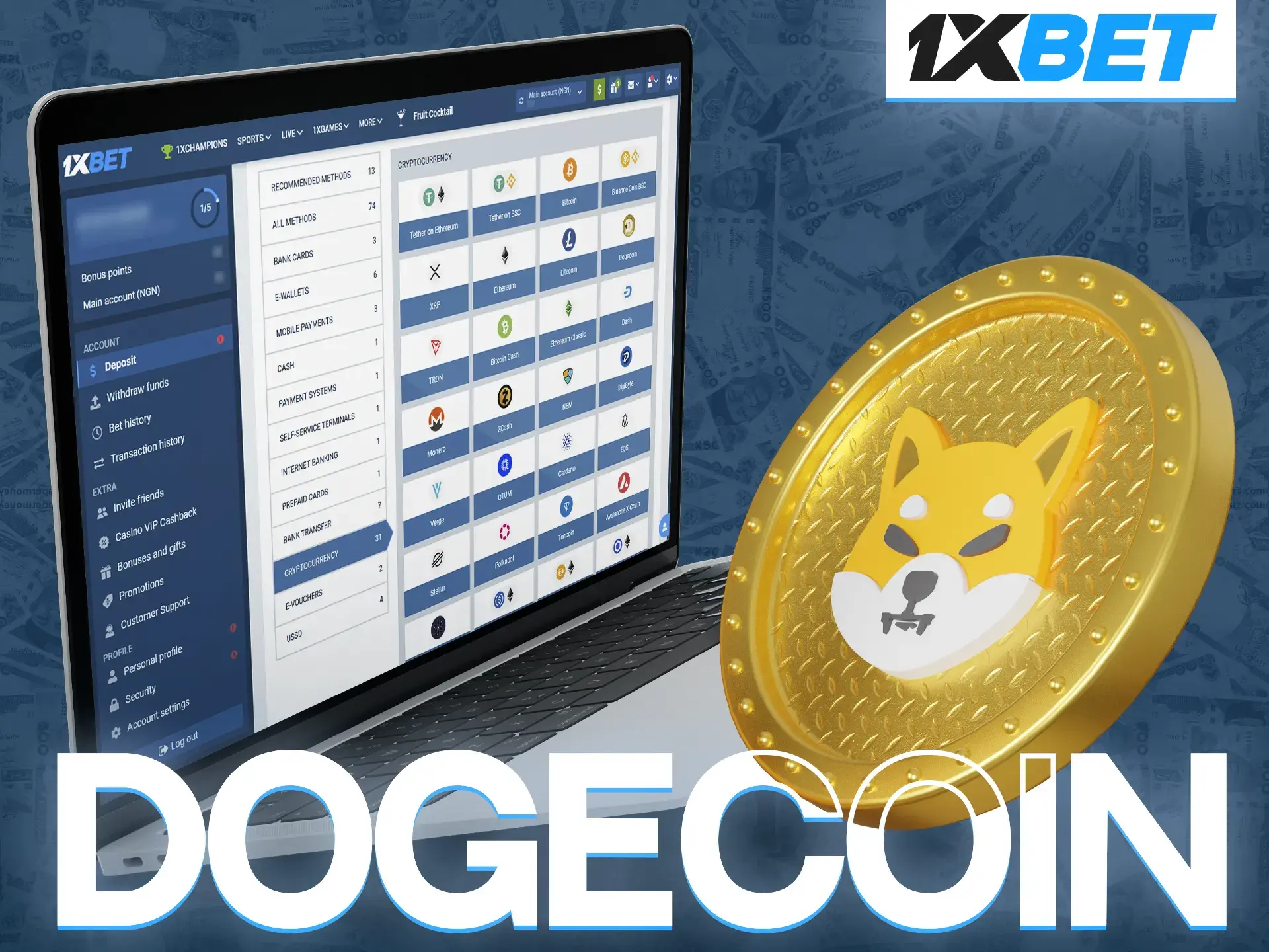 Use your cryptocurrency wallet to fund your 1xBet account with Dogecoin.