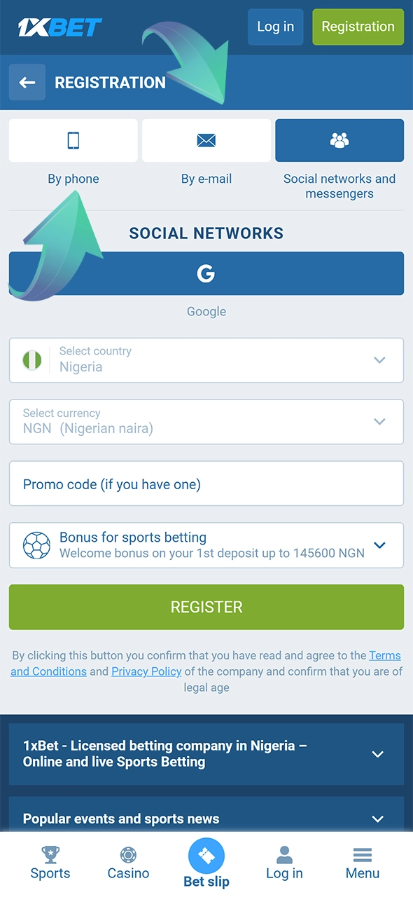 Choose the most convenient way for you to register on 1xBet.