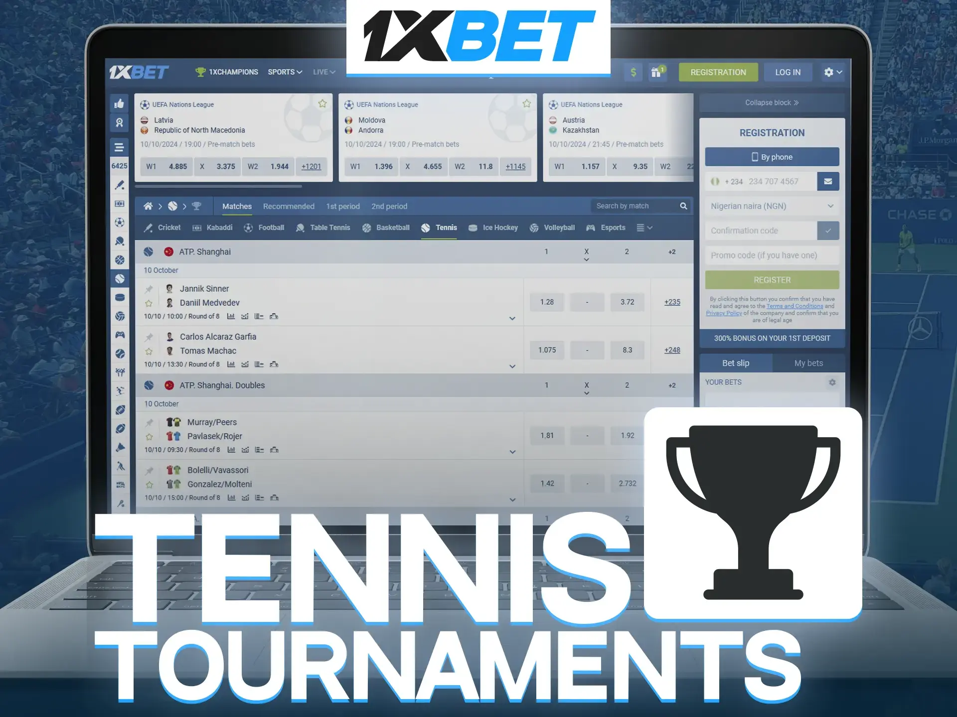 Show your knowledge of tennis tournaments and their main favourites by betting at 1xBet.