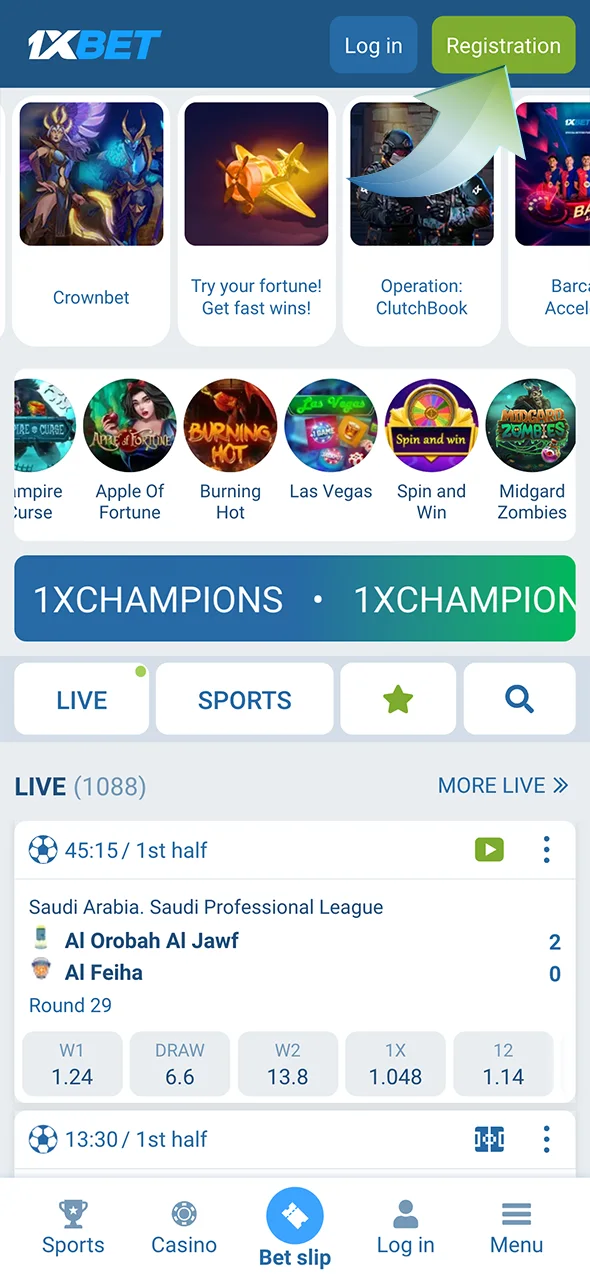 Click on the green registration button on 1xbet and start betting on basketball.