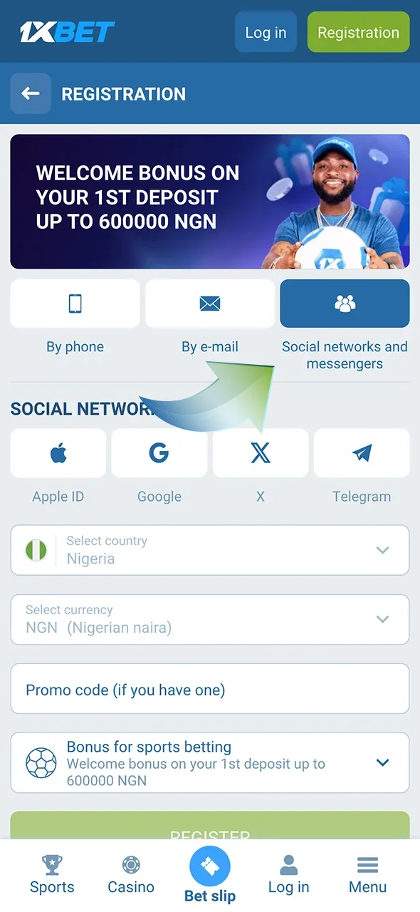 Select the registration method and register on 1xbet for boxing betting.