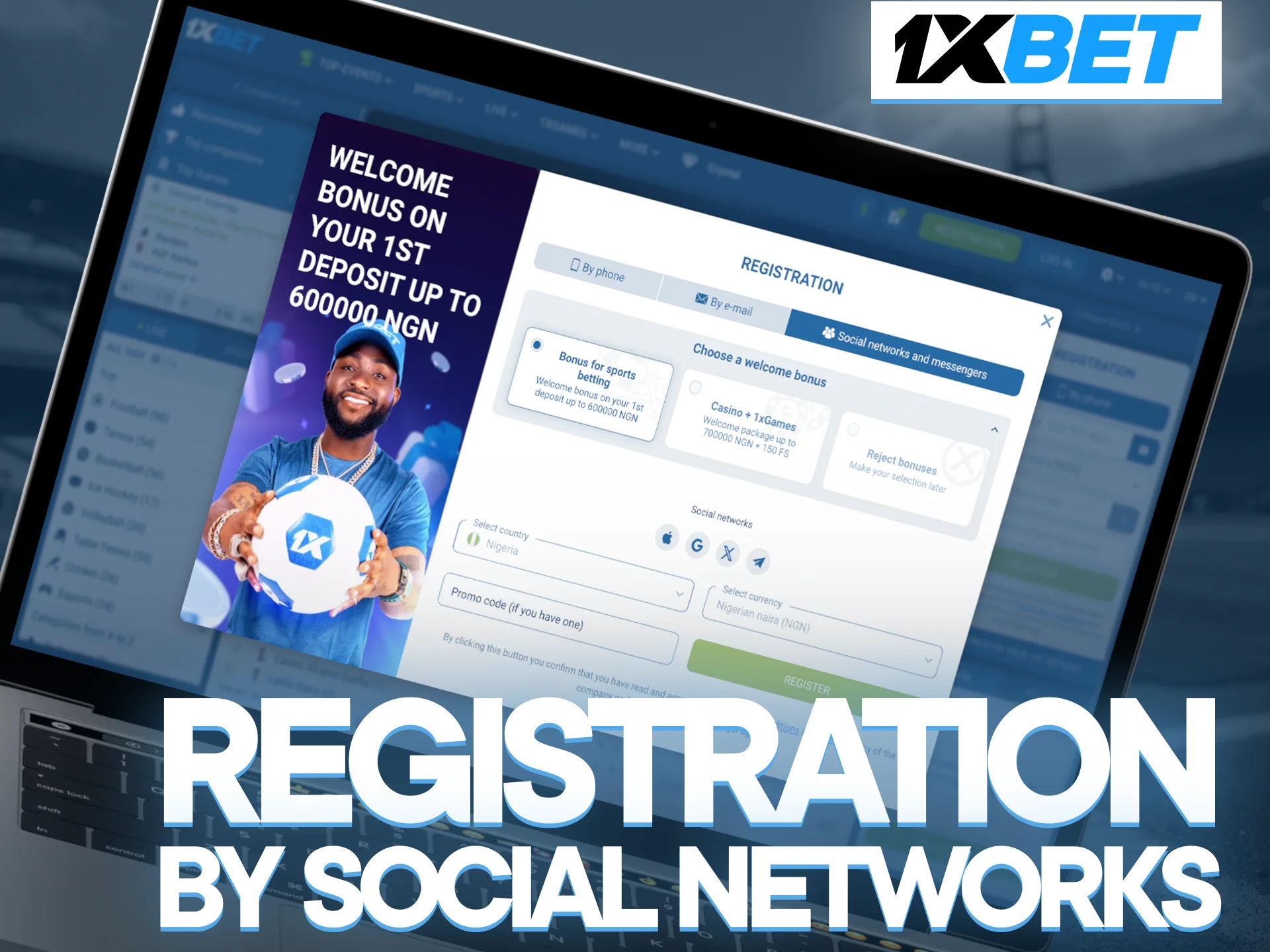 Register quickly via social networks at 1xbet and start betting.