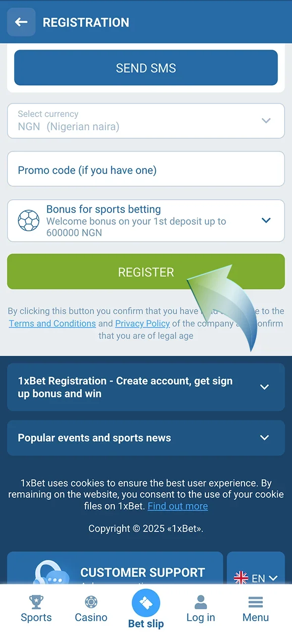 Accept the terms and conditions and start betting on volleyball at 1xbet.
