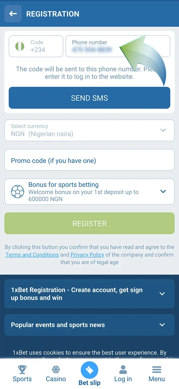 Enter your details to complete registration on 1xbet and play volleyball bets.