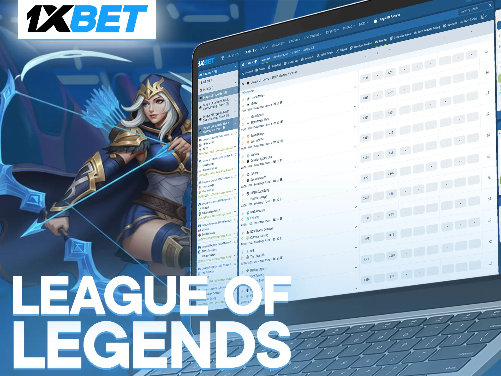 Place your bets quickly on worldwide League of Legends events at 1xBet.