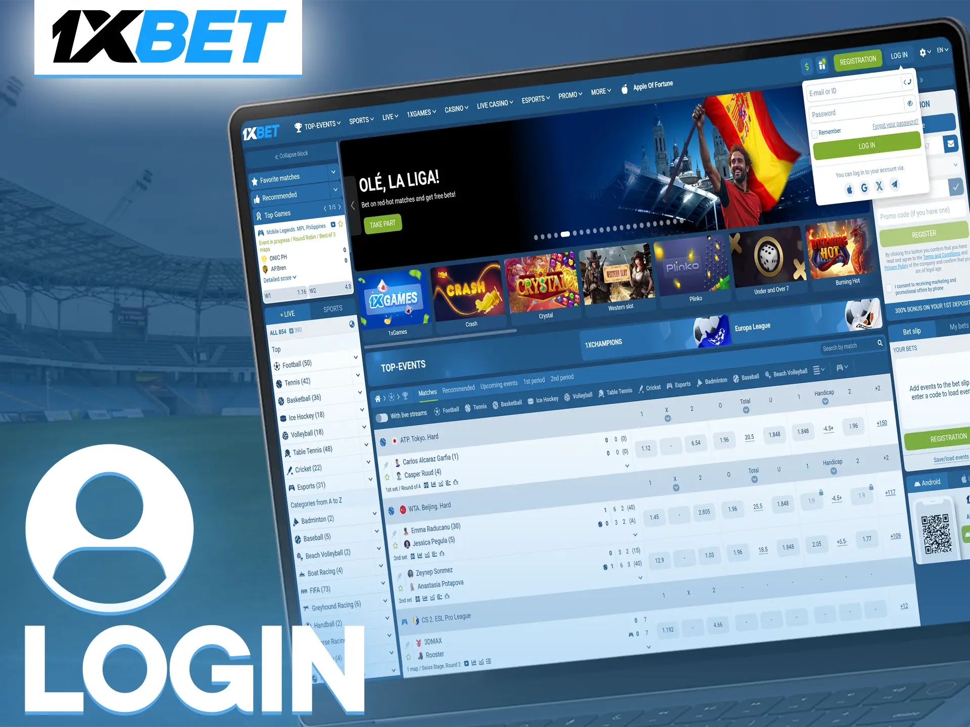 Easily log in to your 1xBet account using your username and password.