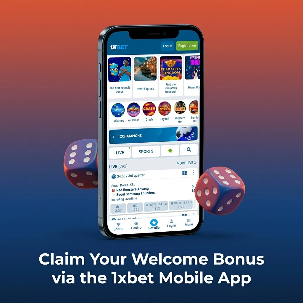 1xbet mobile app on Android and iOS showing welcome bonus claim steps with NGN 1,500 minimum deposit