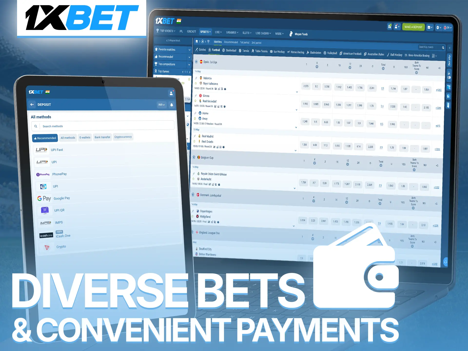 Explore various soccer betting options and secure payment methods at 1xBet.