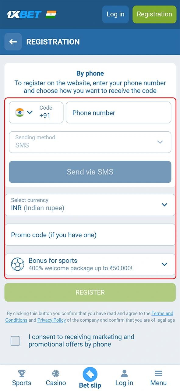 Enter your personal details to begin the sign up process on 1xBet.