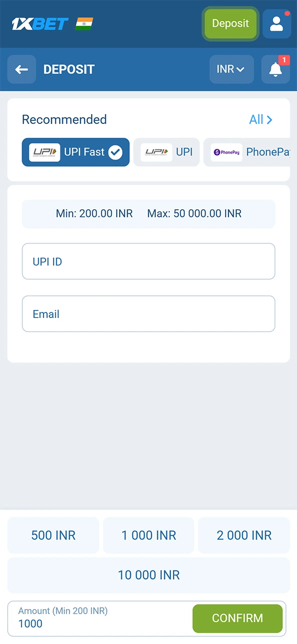 Make your first deposit at 1xBet to start the sign up journey.